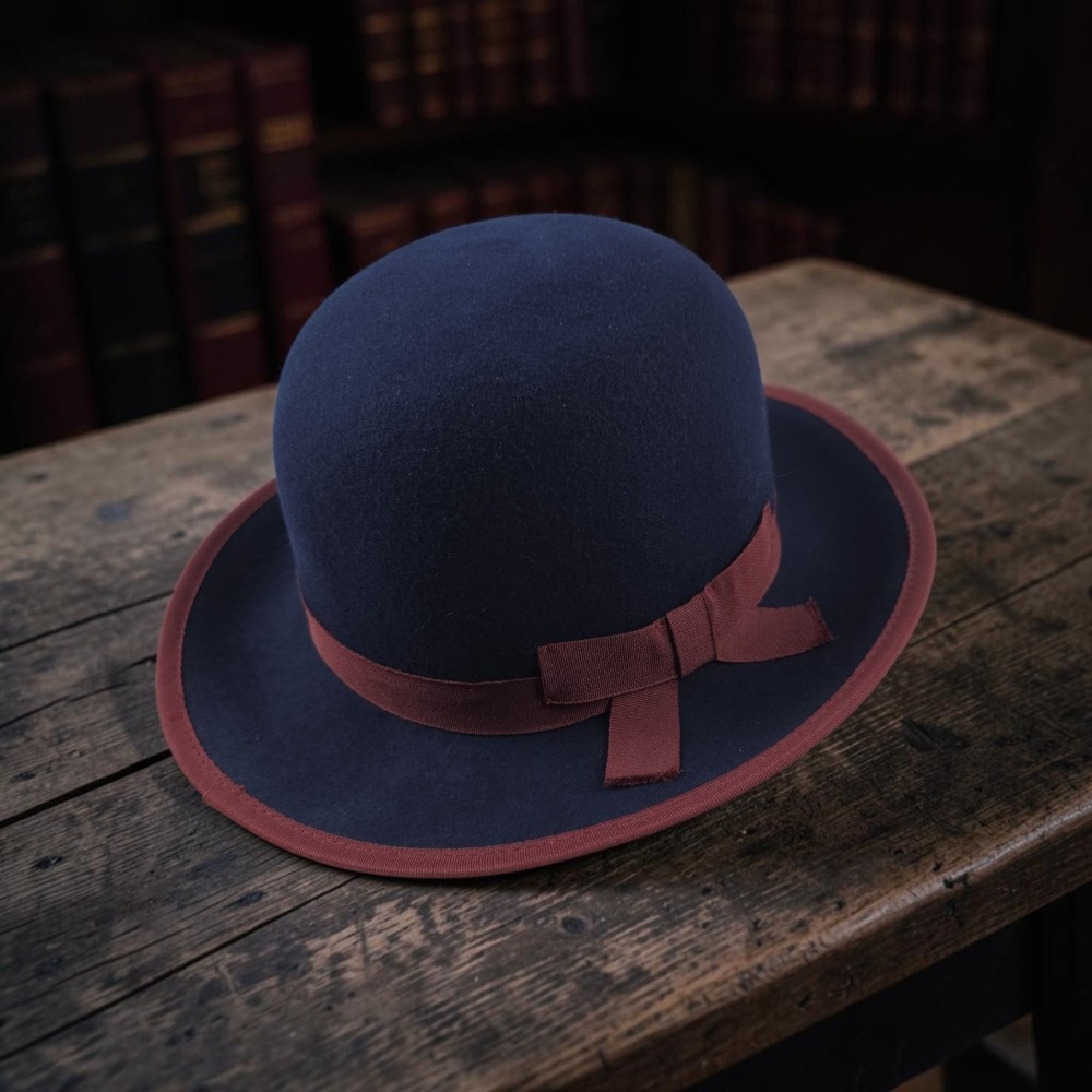 100% Wool Navy & Burgangy Bowler hat Vintage Style Mary Popins Adjustable